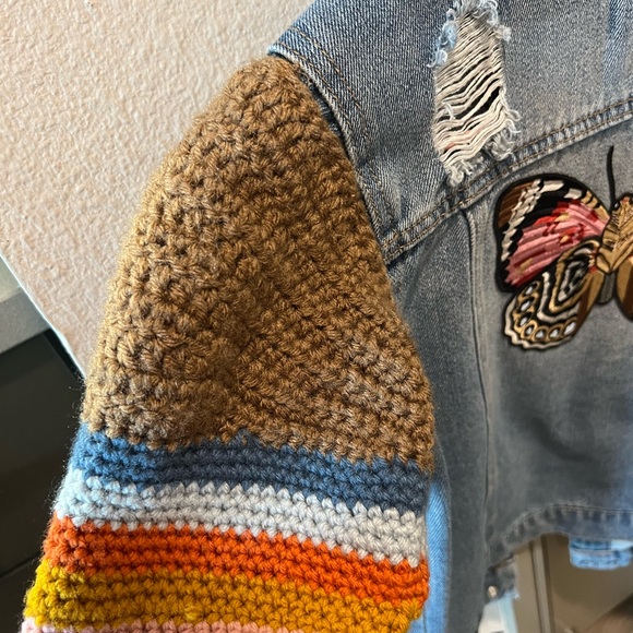 Denim Jacket with Crocheted Granny Square Sleeves- Free People Inspired - Picture 9 of 11